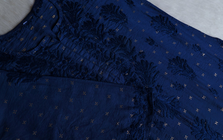 Nazakat Royal Blue Premium Long Chanderi Kurta