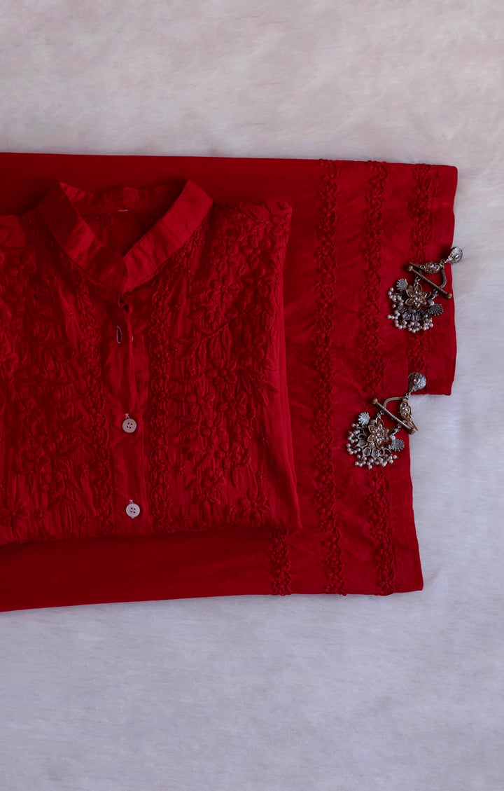Nazakat Maroon Pure Cotton Kurta Set - Noor Chikankari