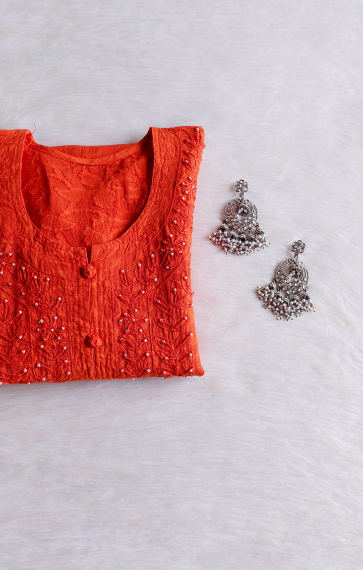 Rust Long Jacquard Pearl Cotton kurta