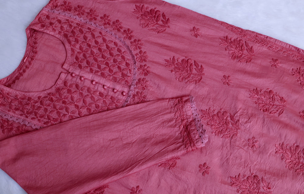Jannat Mauve Pink Short Chanderi Kurta - Noor Chikankari