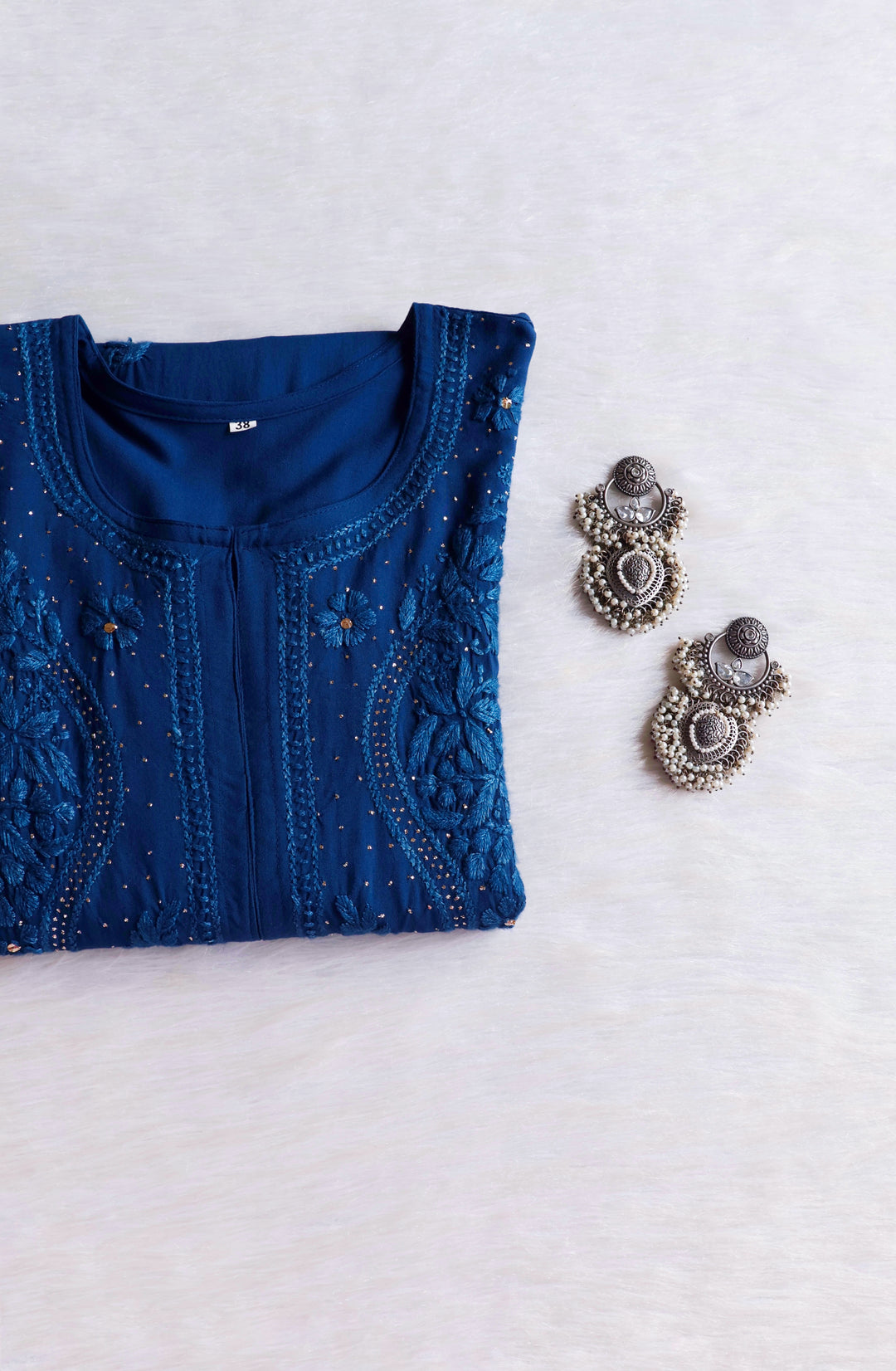 Naida Peacock Blue Rayon mukaish Long Kurta