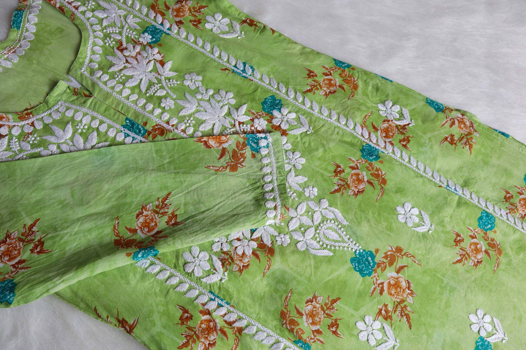 Gul Premium Green Floral Long MulMul kurta
