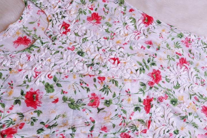 Amna White & Red Floral Long MulMul kurta