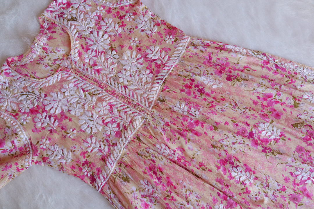 Inayah Beige & Pink Floral Mulmul Nyra Cut Dress