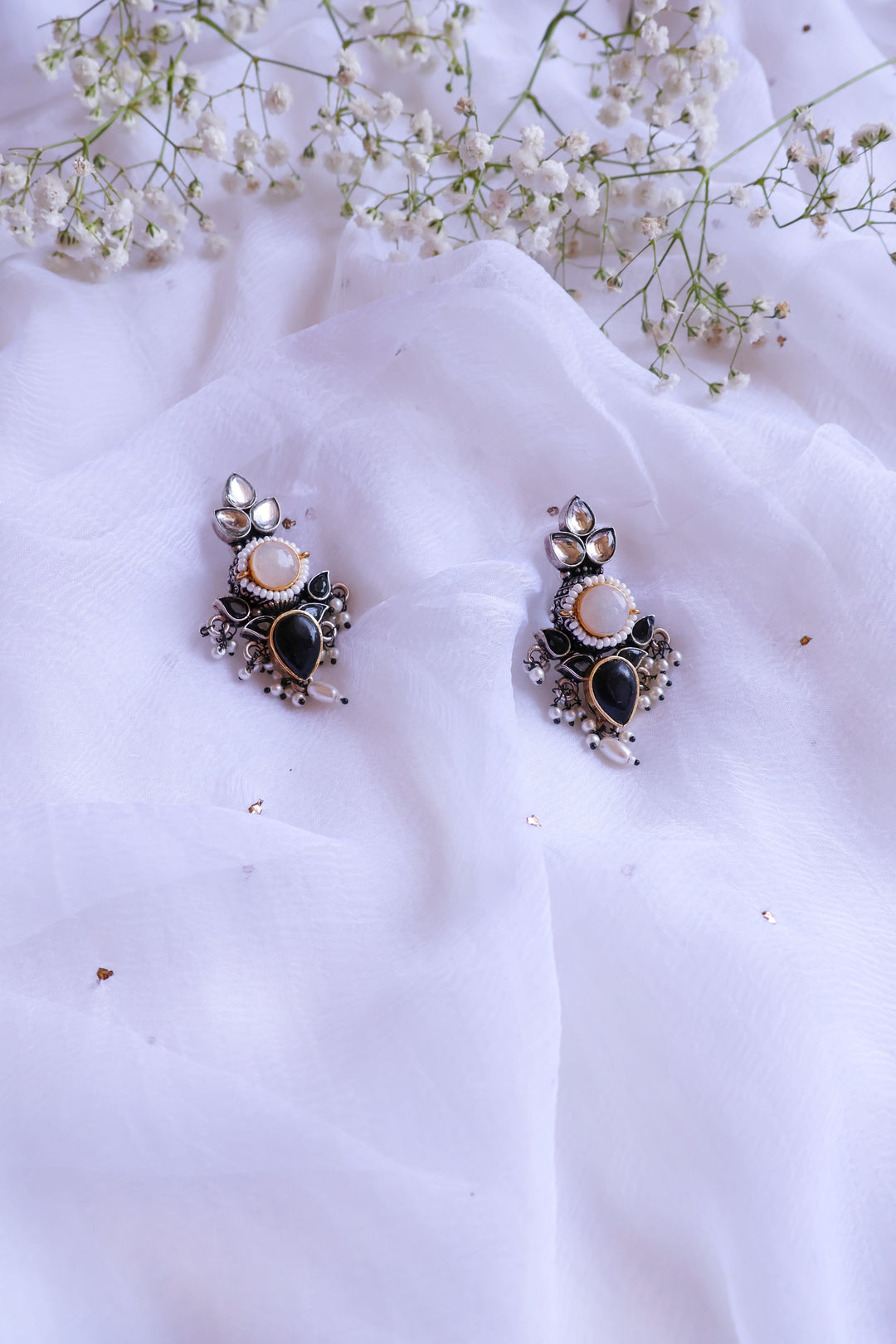 Silver, White & Black Stone Jhumkas