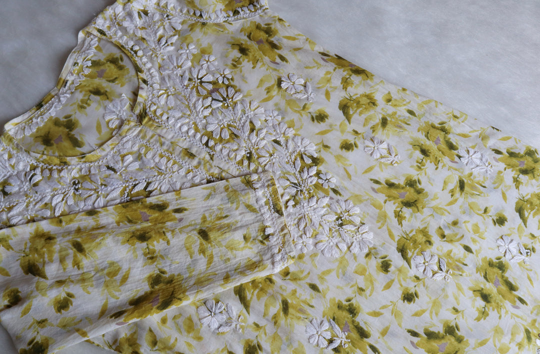 Abhira Olive Green Mulmul Long Kurta