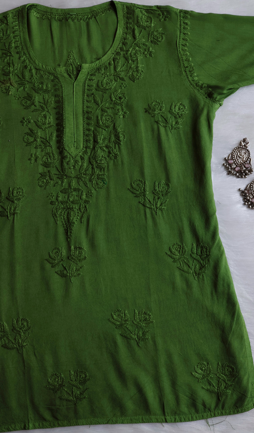 Gul Olive Green Short Rayon Kurta - Noor Chikankari