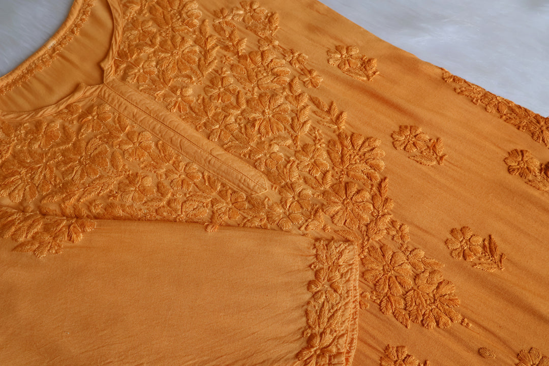 Sanam Mustard Ombre Long Rayon Kurta - Noor Chikankari