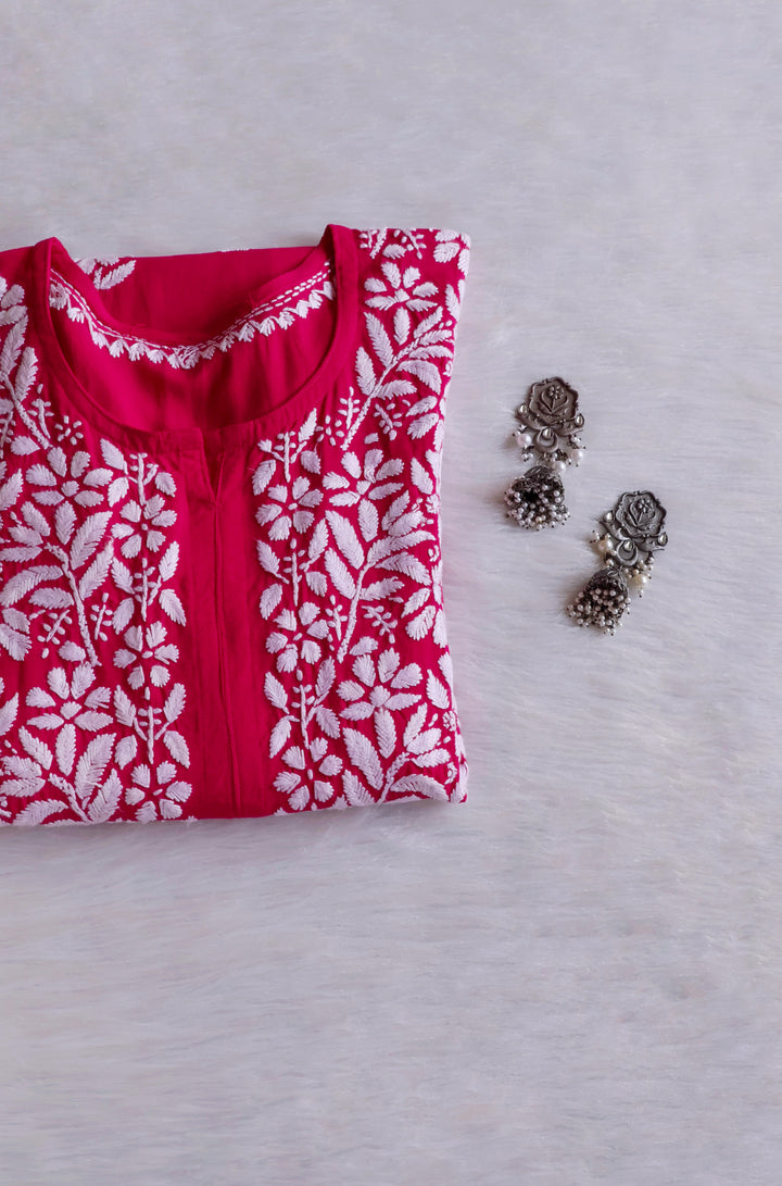 Maisha Deep Pink Scalloped Long Rayon Kurta