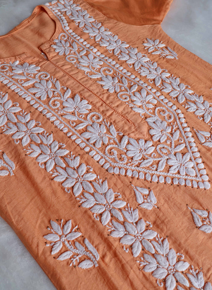 Alizah Peach Linen Chanderi Mukaish Kurta