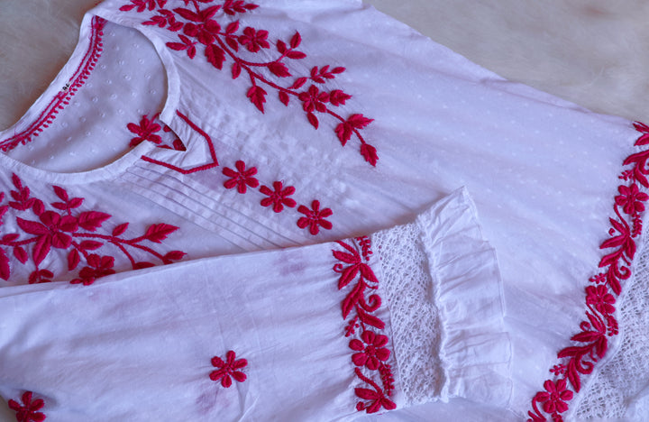 Nazakat White & Deep Pink Premium Cotton kurta