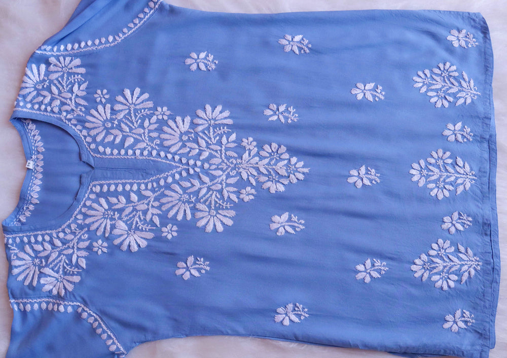 Aayat Ice Blue Short Rayon Kurta - Noor Chikankari