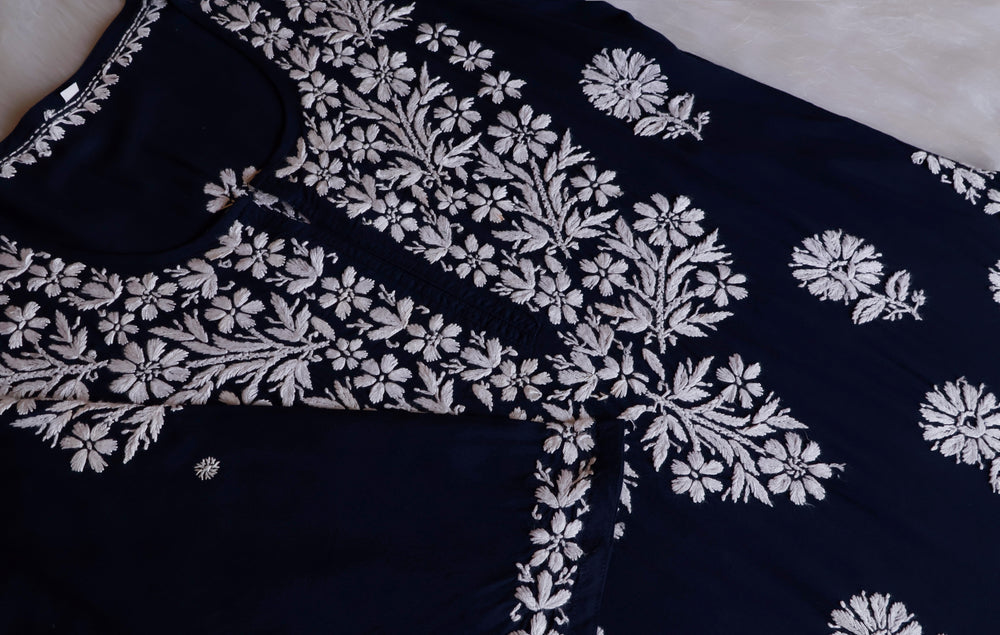 Zahrah Navy Blue Long Modal Kurta - Noor Chikankari