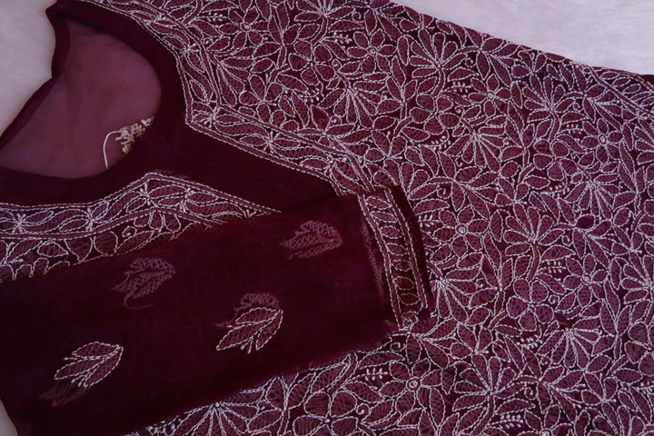Nazish Plum & White Long Georgette kurta
