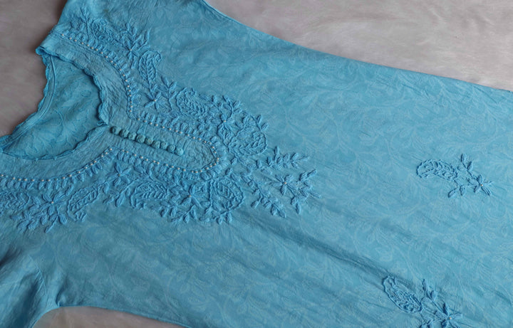 Sky Blue Long Jacquard Pearl Cotton Kurta