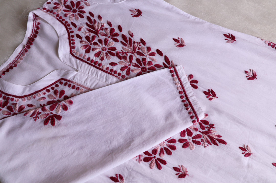 Gul Kashmiri White & Maroon Pure Cotton Kurta