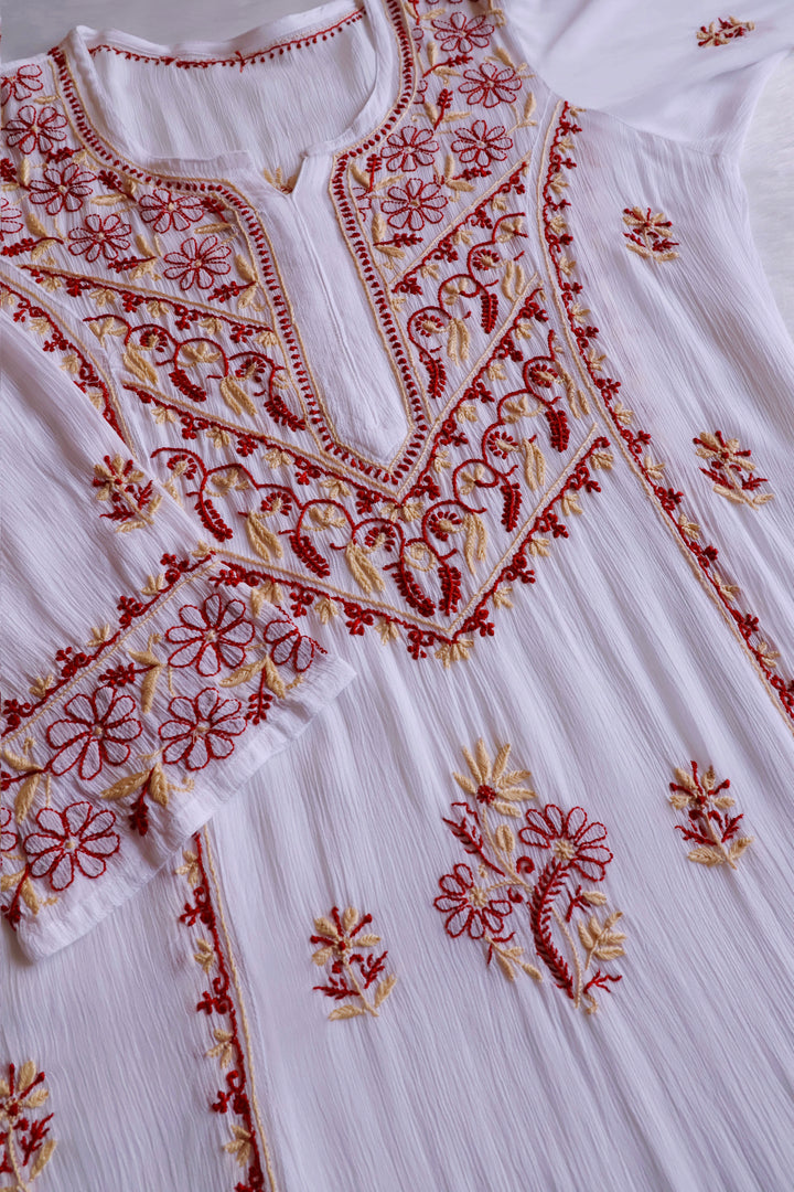 Hoorain White, Maroon & Cream Pure Chiffon Kurta