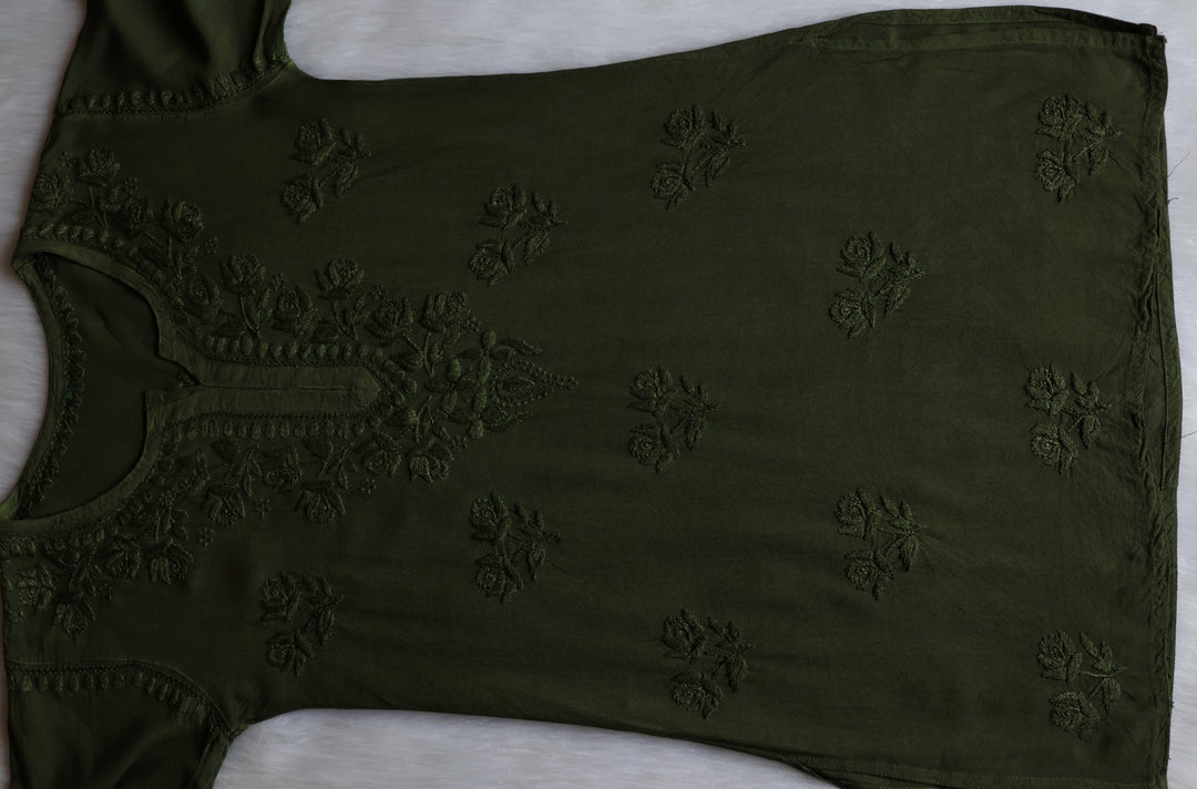 Gul Deep Olive Green Short Rayon Kurta - Noor Chikankari