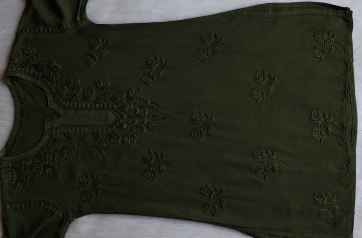 Gul Deep Olive Green Short Rayon Kurta - Noor Chikankari