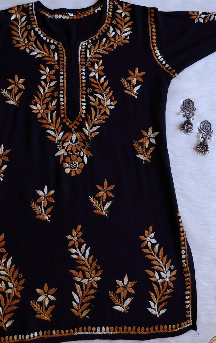 Maaham Black & Golden Beige Short Rayon Kurta - Noor Chikankari
