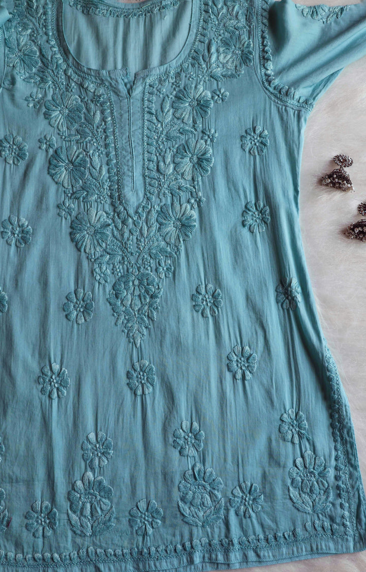 Nazakat Sea Blue Cotton short kurta