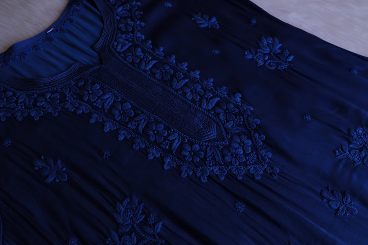 Mehr Royal Blue Long Modal Silk Kurta - Noor Chikankari