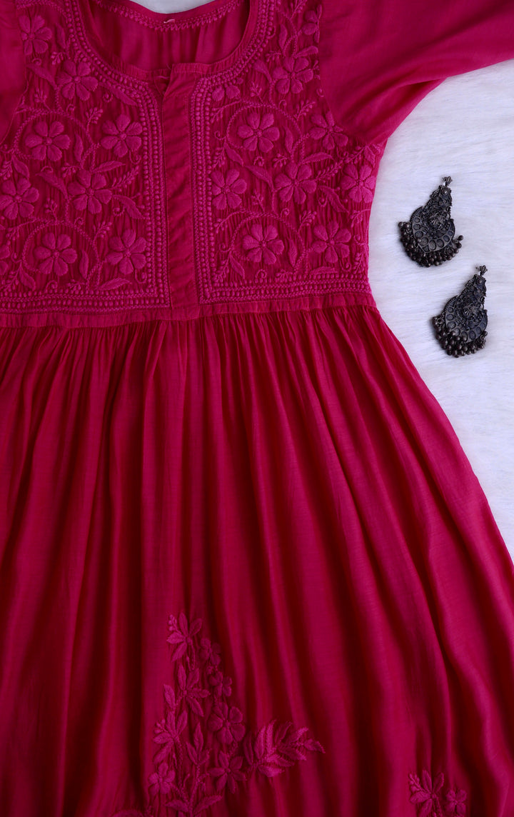 Aafiyat Pure Muslin Deep Pink Chikankari Fit and Flare dress