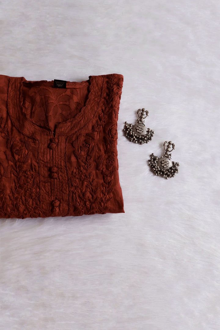 Brown long Jacquard Lace Cotton kurta - Noor Chikankari
