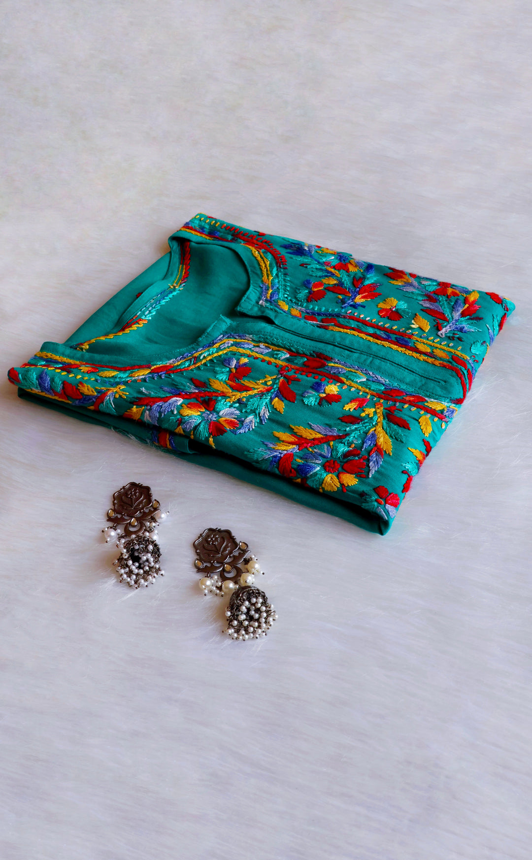 Maaham Teal & Multicoloured Short Rayon Kurta