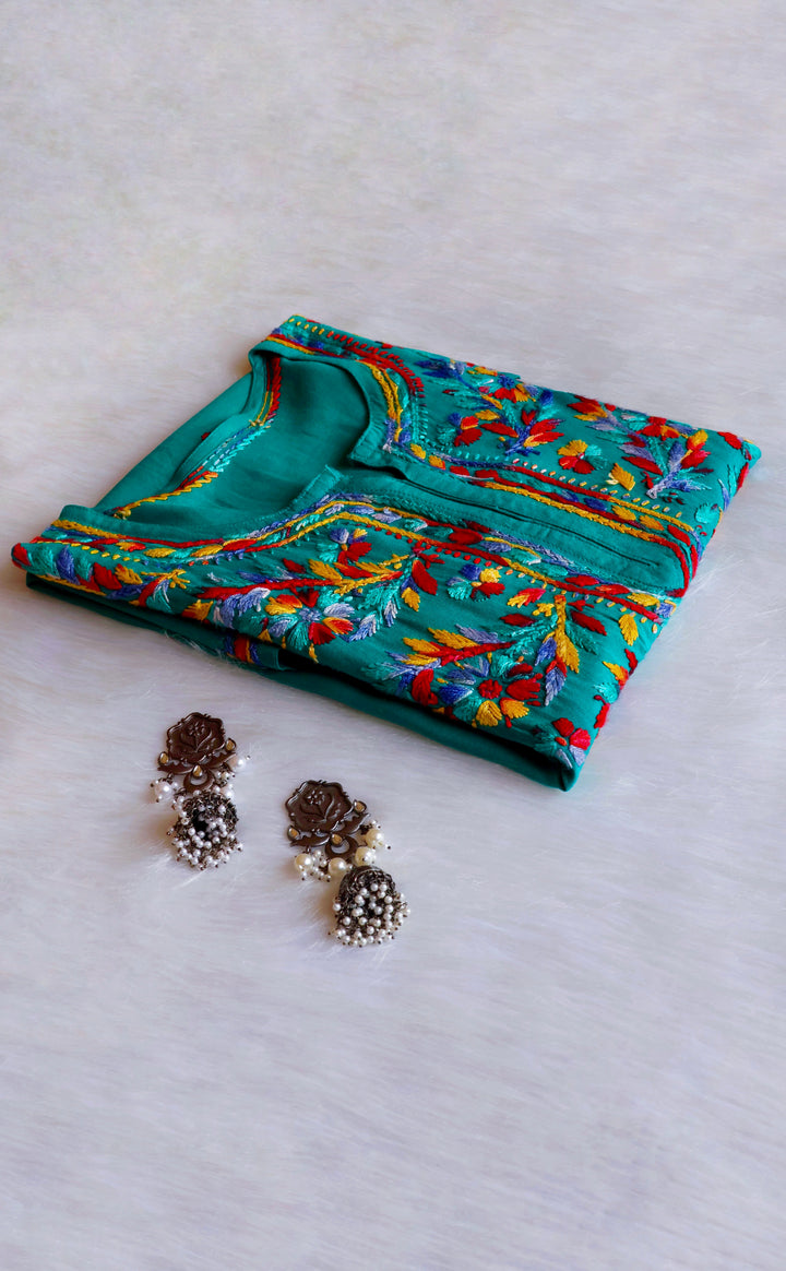 Maaham Teal & Multicoloured Short Rayon Kurta