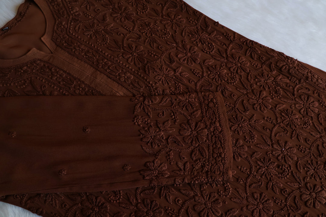 Alayna Chocolate Brown Jaal Viscose Georgette Kurta - Noor Chikankari