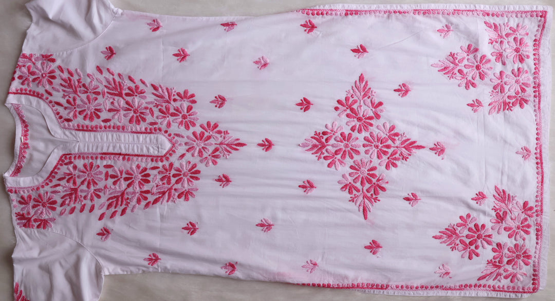 Gul Kashmiri White & Pink Pure Cotton Kurta