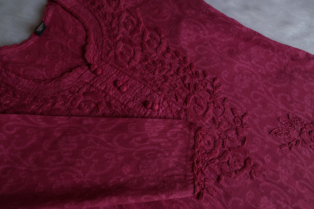 Plum Long Jacquard Lace Cotton kurta - Noor Chikankari