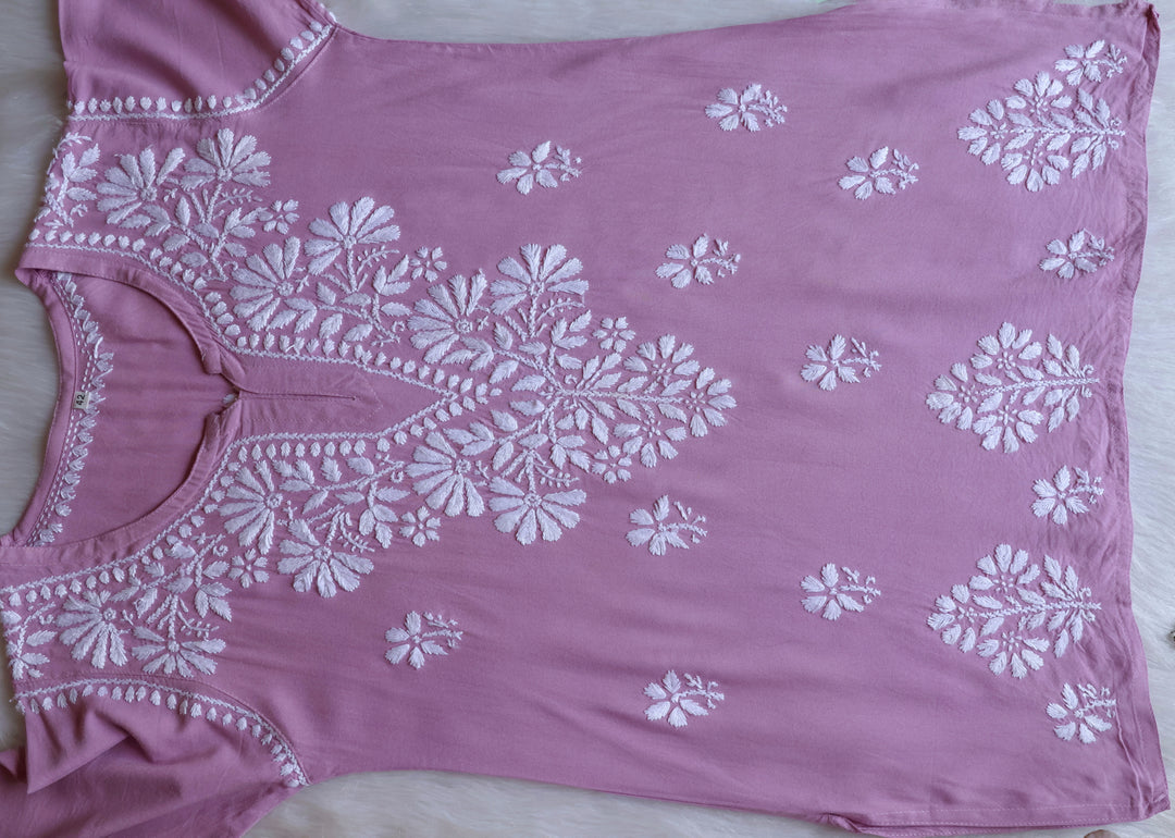 Aayat Dusty Lavender Short Rayon Kurta - Noor Chikankari