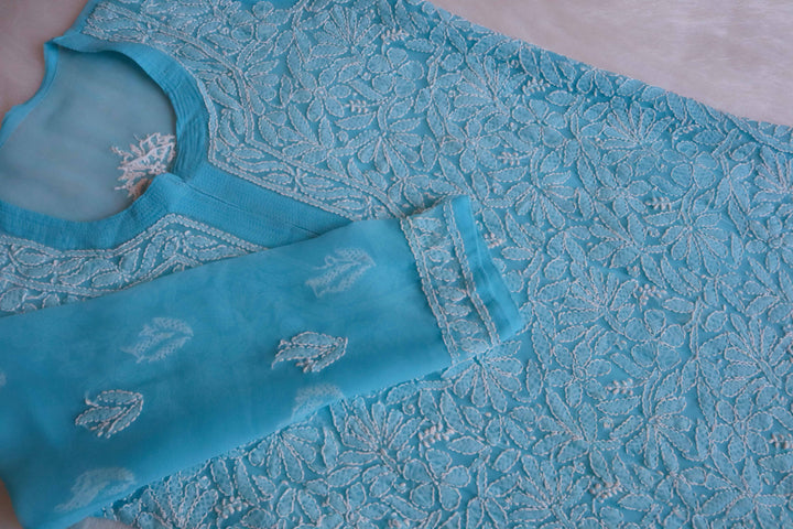 Nazish Aqua Blue & White Long Georgette kurta