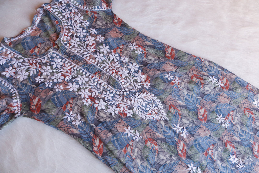 Zahra Grey Floral Long MulMul kurta