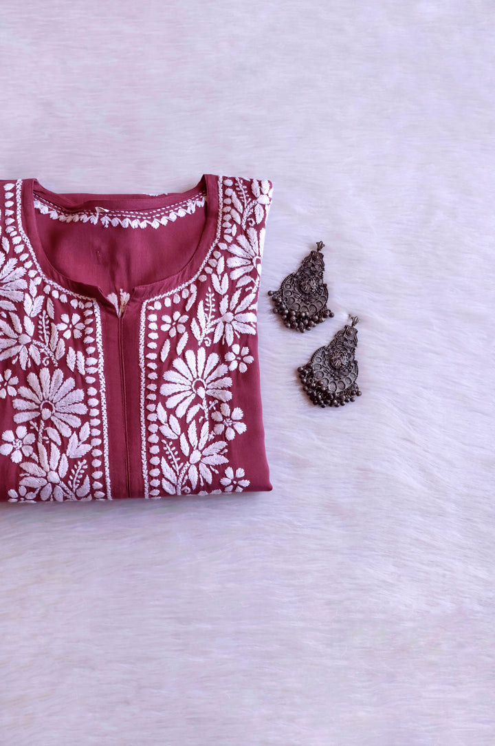 Duaa Mauve Pink Long Rayon kurta - Noor Chikankari