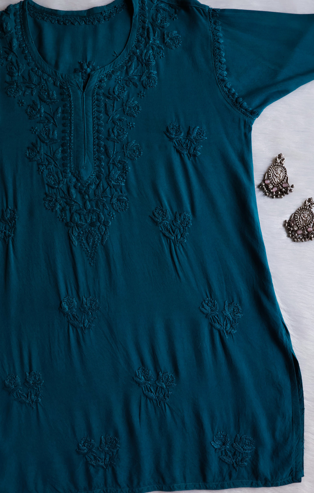 Gul Sea Blue Short Rayon Kurta - Noor Chikankari