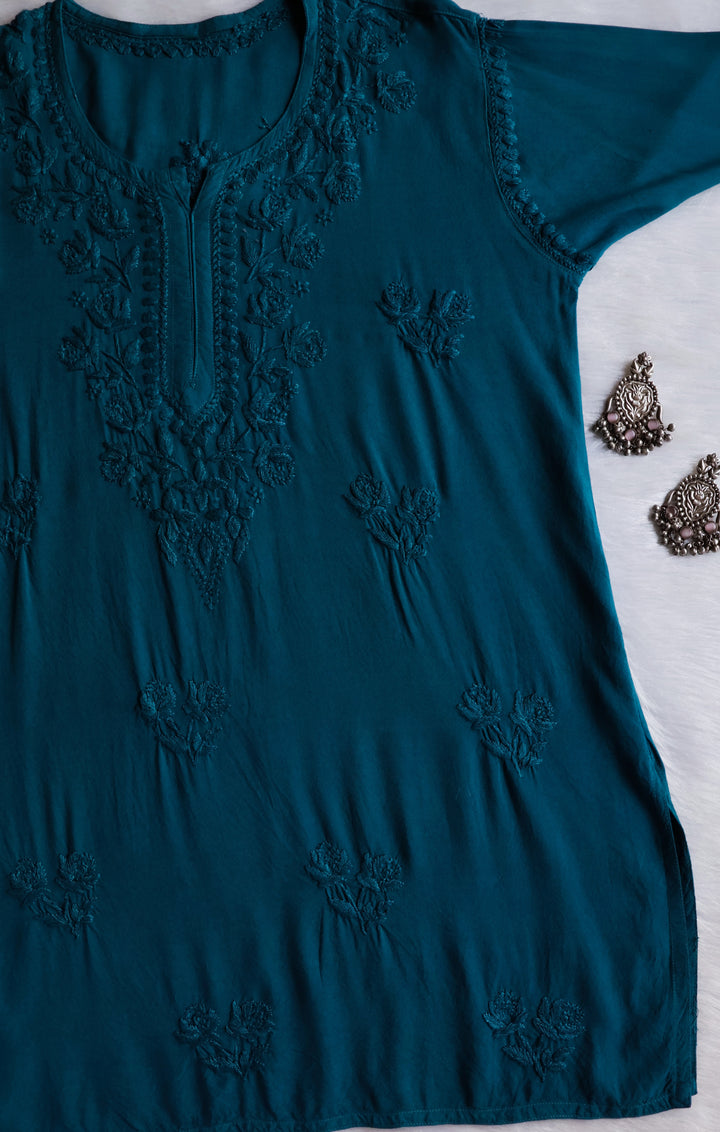 Gul Sea Blue Short Rayon Kurta - Noor Chikankari