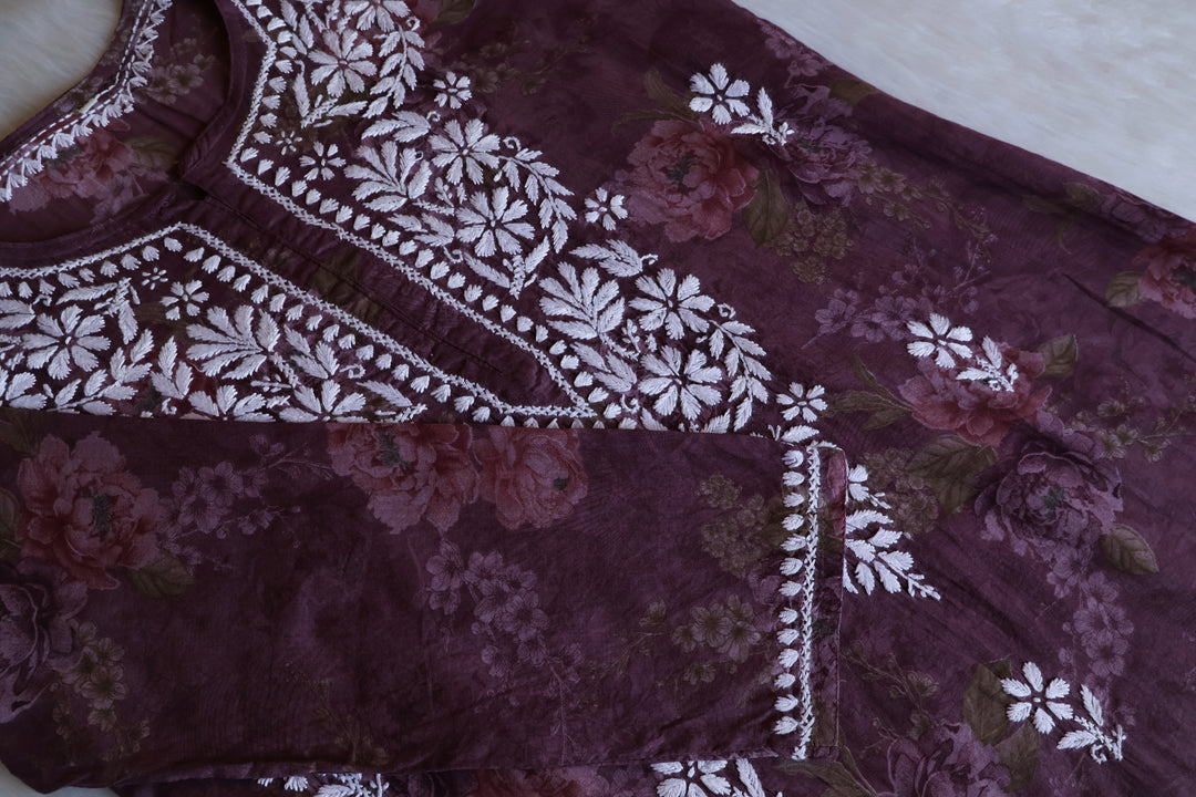 Dahlia Dusty Purple Floral Long MulMul kurta