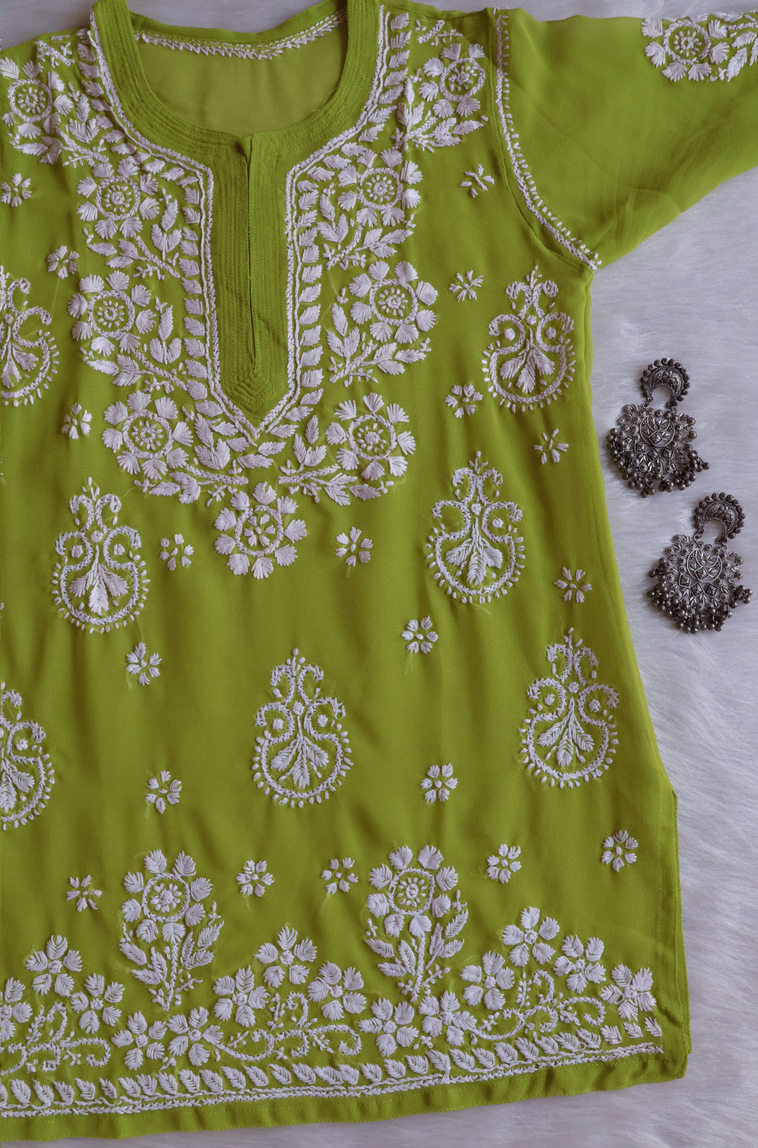 Zaira Olive Green & White Short Georgette Kurta - Noor Chikankari