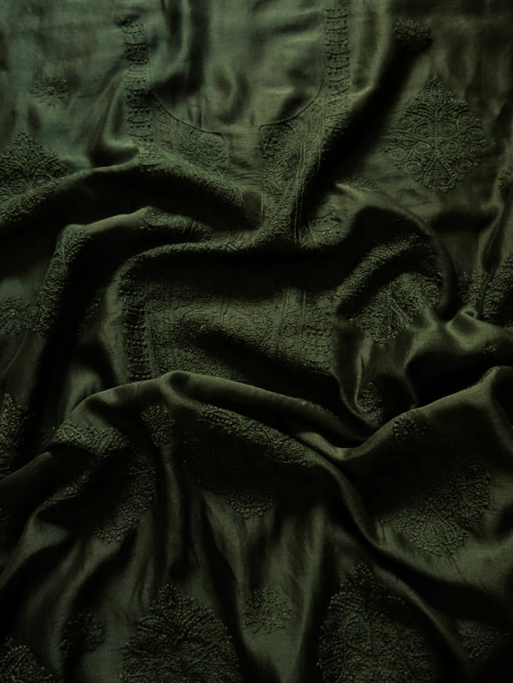 Olive Green Chanderi Silk Unstitched Kurta piece - Noor Chikankari
