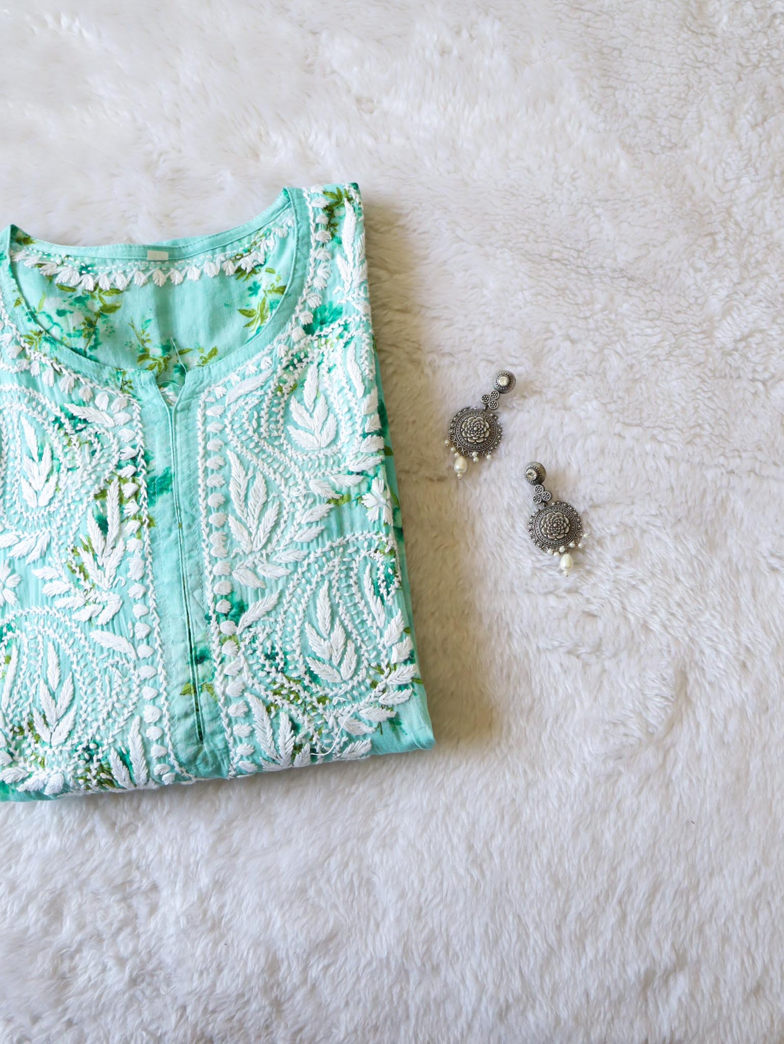 Mint Green Floral Long MulMul kurta