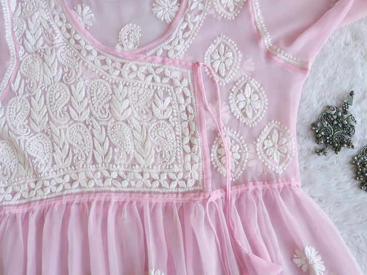 Baby Pink & White Georgette Angrakha frock - Noor Chikankari