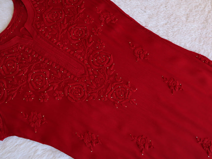 Hoor Red Pure Chiffon Kurta