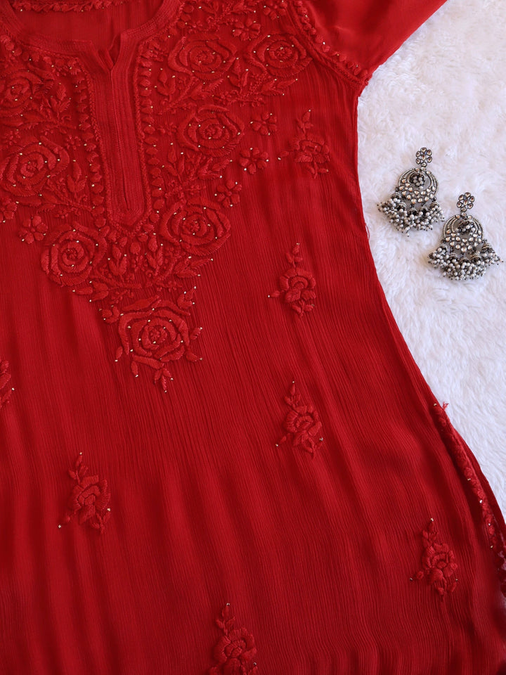 Hoor Red Pure Chiffon Kurta
