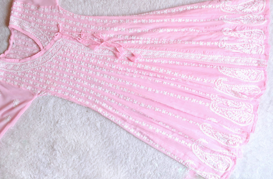Pink and White Long Georgette Angarakha