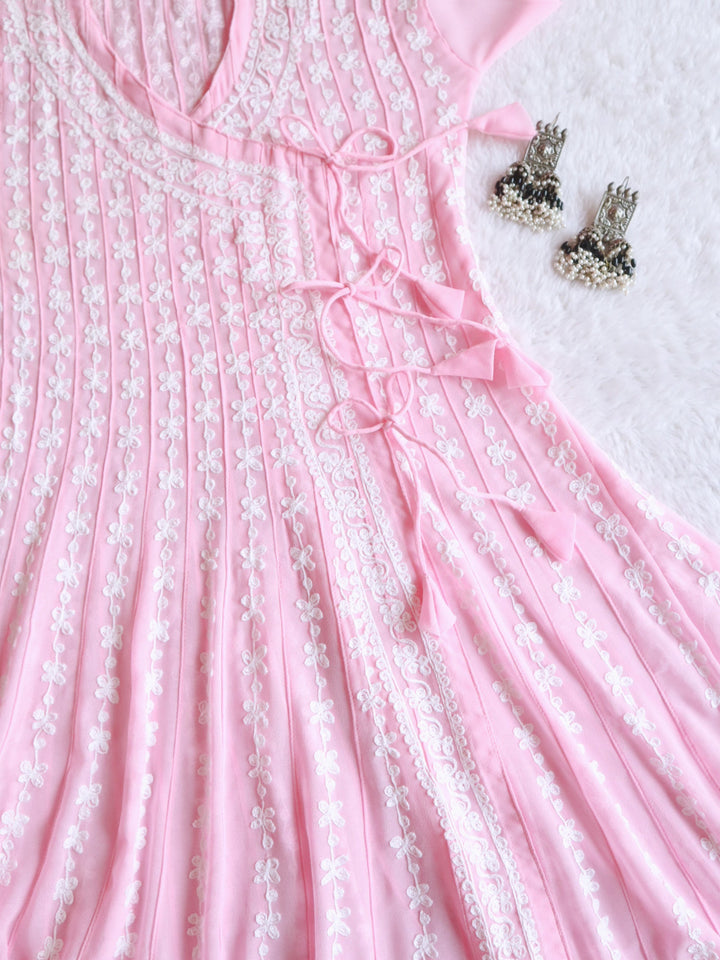 Pink and White Long Georgette Angarakha