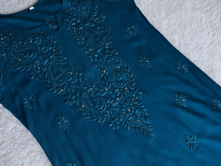 Peacock Blue Rayon mukaish Long Kurta