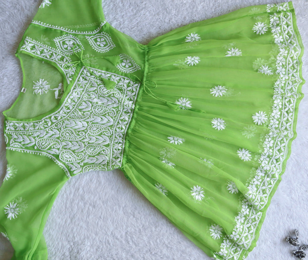Lime Green & White Georgette Angrakha frock